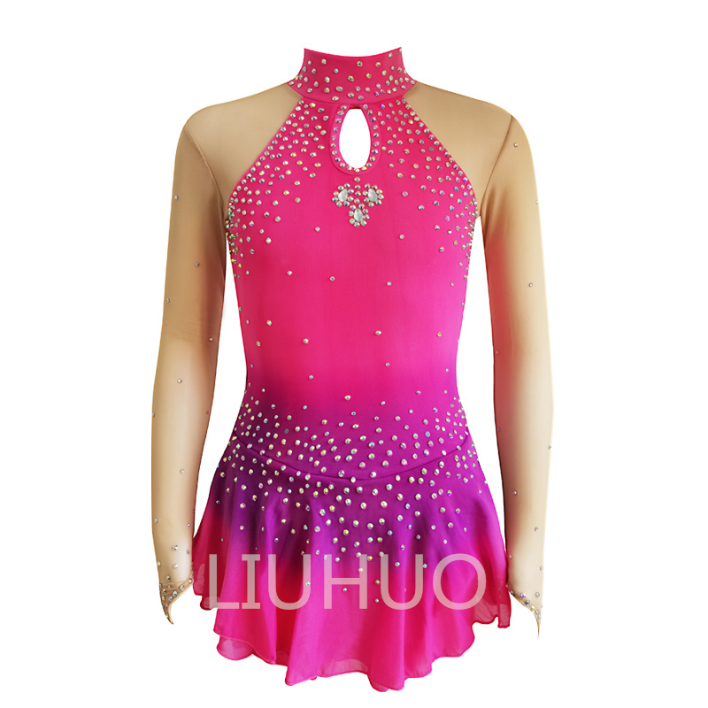 Factory Price Girl's Dance Dress Gradient Pink Gems Competition Performance Wear Ice Skating Dress