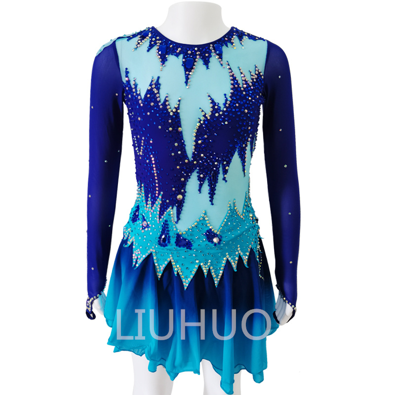 LIUHUO Girls Figure Skating Suit Blue Spandex Competition Suit with rhinestones
