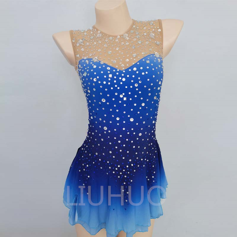 Custom figure skating dress gymnastics dress skating dress Competitive skating dress  blue sleeveless dress