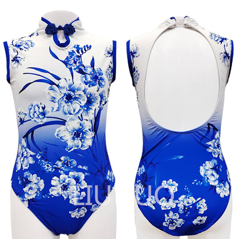 LIUHUO Synchronized Swimming Suits Kids Girls Training Competitive Leotards with Hair Piece Blue Leotard