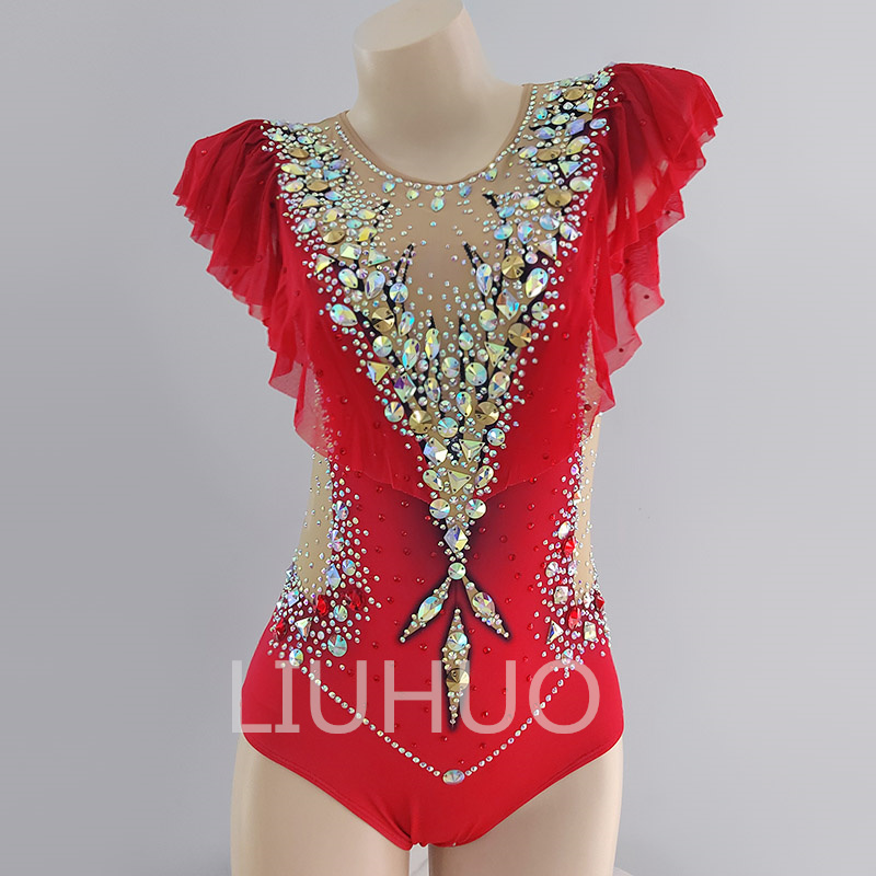 LIUHUO Rhythmic Gymnastics Leotards Red and Yellow Printed Diamond Sleeveless Competition Costume