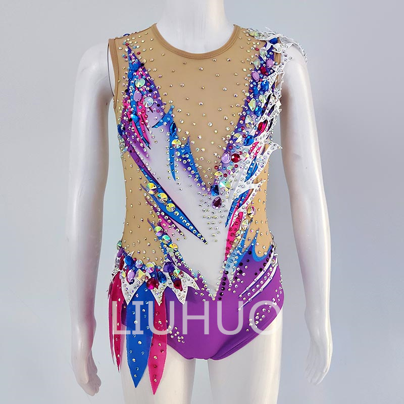 Manufacturers direct purple gymnastics clothing  sleeveless mesh artistic gymnastics tights can be customized