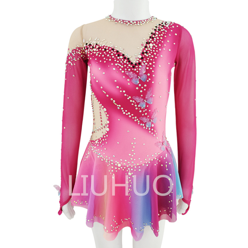 Pink long-sleeved figure skating dress for women adult children figure skating competition dress