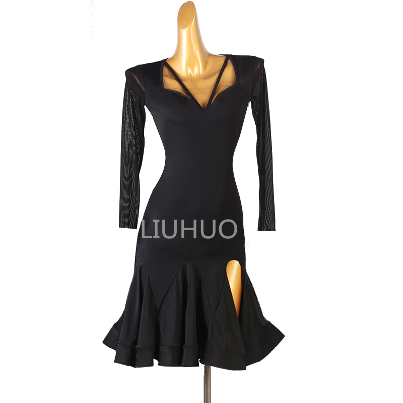 Latin dress race dress woman professional performance competition factory custom black Ruffled hemline slim-fit dance dress competition 