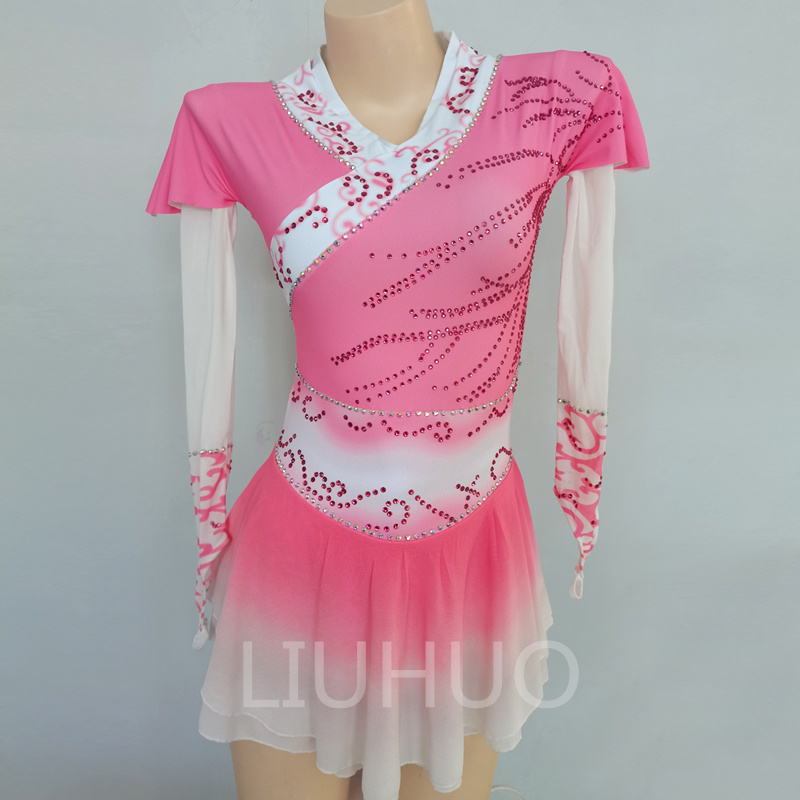 Luxurious Slim Figure Skating Dress Long Sleeve Pink Gradient  Full Drill Show Competition Girl