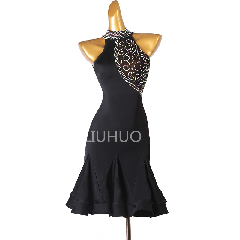 black color Latin dress race dress woman professional performance competition factory custom black Side slit hemline 