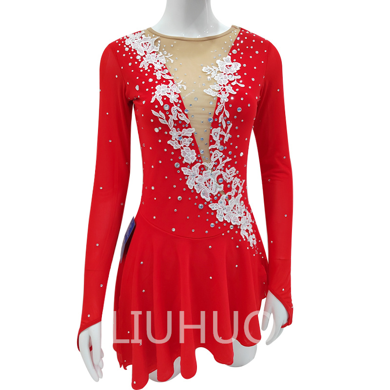 Figure Skating Dress Girls Teens Long Sleeves Red Color Ice Skating Dance Skirt with Gloves Fit