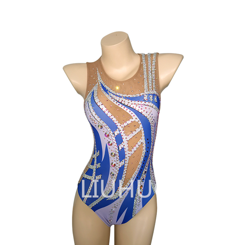 LIUHUO Synchronized Swimming Suits Kids Girls Training Gym Competitive Leotards Blue Stage