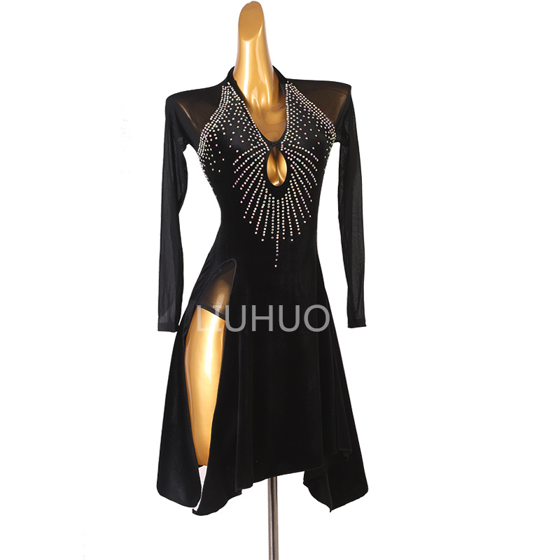 Latin dress race dress woman professional performance competition factory custom black Side slit hemline dress with drill
