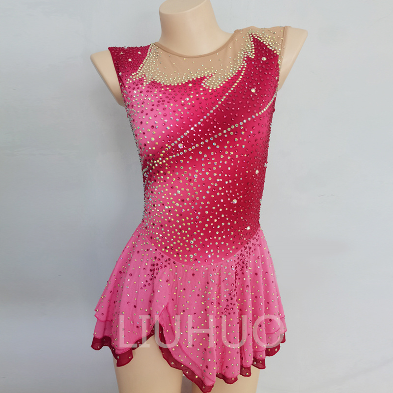 LIUHUO Red Color Figure Skating Dress Fuchsia Gradient Skirt Diamond Show  Competition Girl Sleeveless