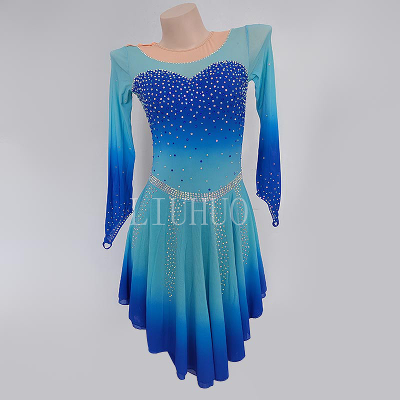 Long-sleeved figure skating show dress custom children female adult competition dress Competitive suit blue