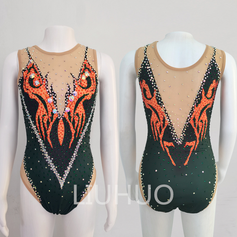 LIUHUO Synchronized Swimming Leotards Army Green Girls Women Diamonds Training Competitive Dance Swimsuits 