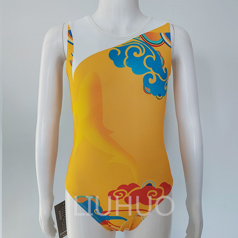  Yellow rhythmic gymnastics leotard jumpsuit Competitive clothing Acrobatic bodysuit cloud pattern