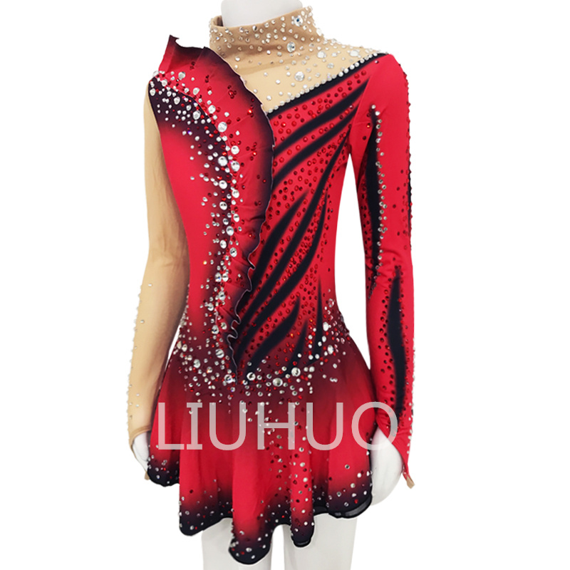 LIUHUO Red and black Color long-sleeved figure skating dress for women adult children figure skating competition customize