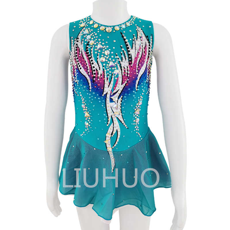 LIUHUO women's ice figure skating dress stretch net diamond sleeveless blue