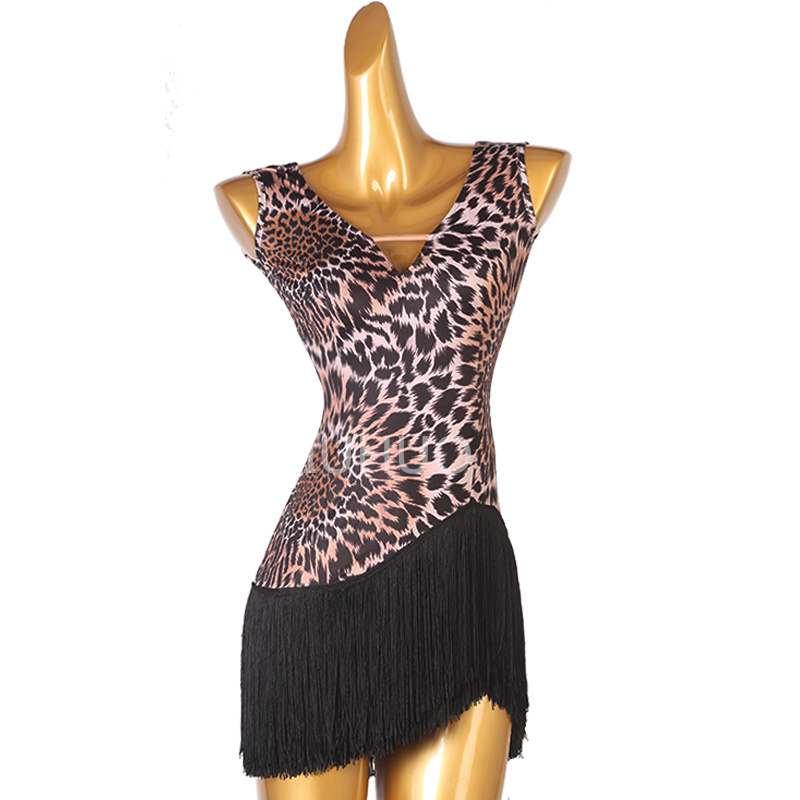 Leopard print fringe tight Latin dress race dress woman professional performance competition factory custom black Side slit hemline 