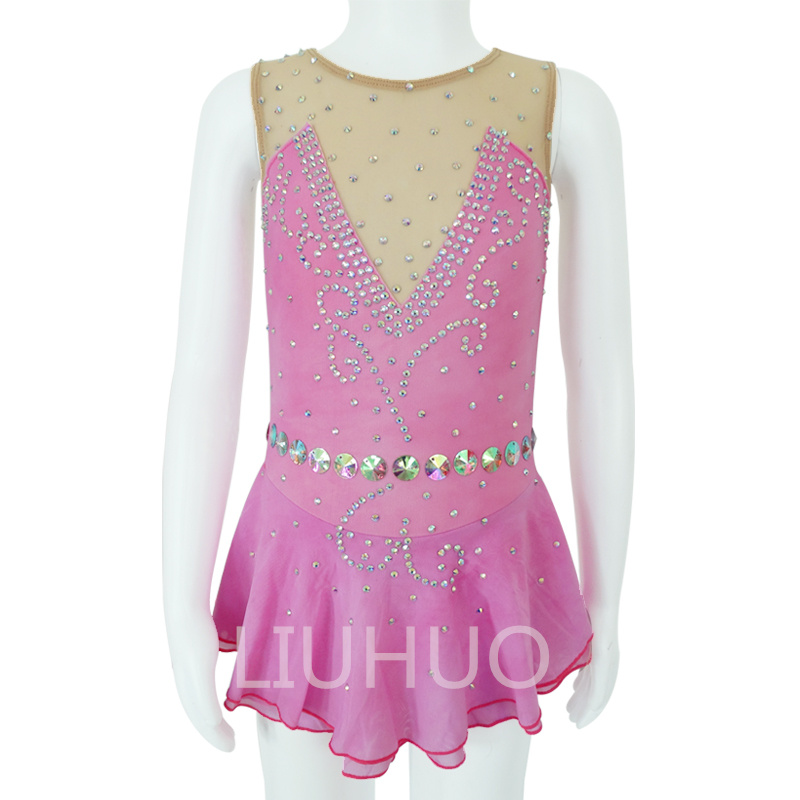 LIUHUO Girl's Dance Dress Gradient Pink Gems Competition Performance Wear Ice Skating Dress