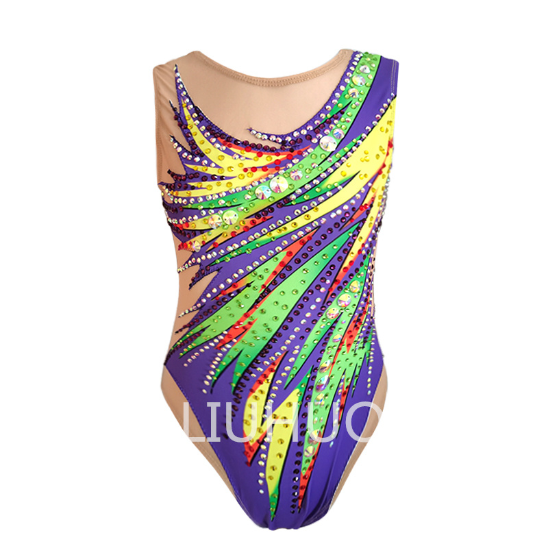 LIUHUO figure swimsuit yellow purple sleeveless full diamond competition performance girl