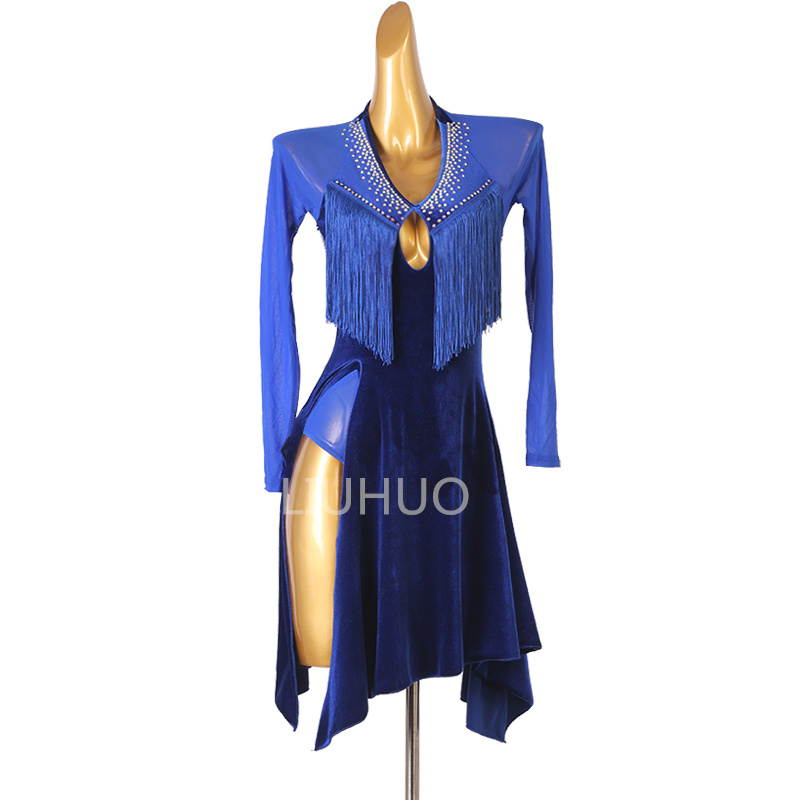 LOUHUO Blue Color Ruffled hemline Latin Dance Dress Women Elegant Lace Girls Practise Ballroom Dancewear