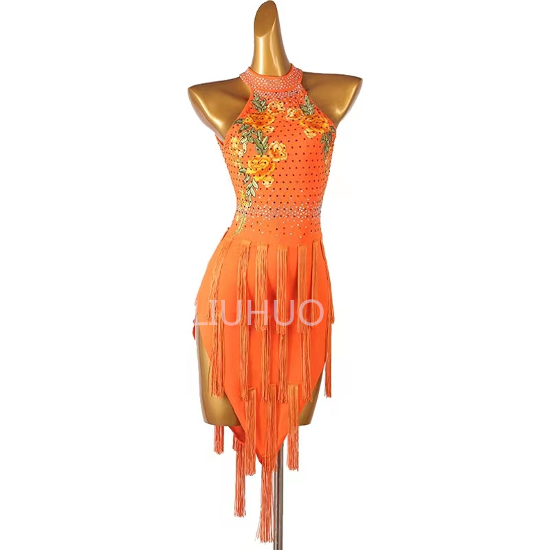Orange large backless embroidered Latin dress Irregular Latin dress race dress woman professional performance competition factory custom