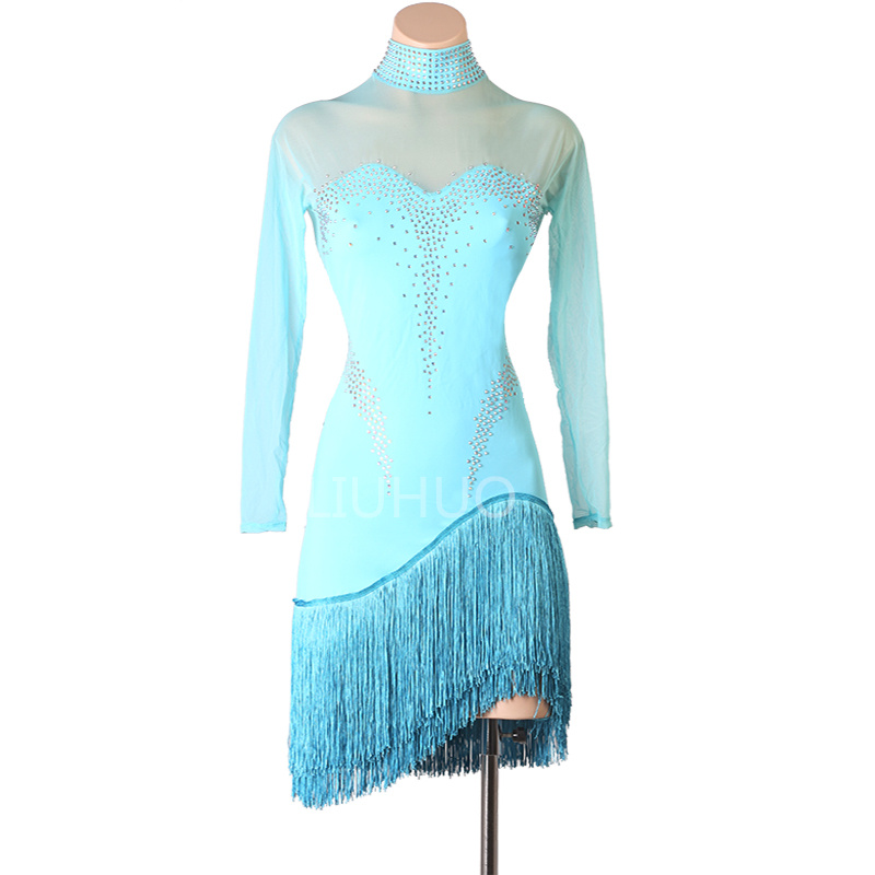Blue Latin dress race dress woman professional performance competition Irregular fringe skirt manufacturers customized