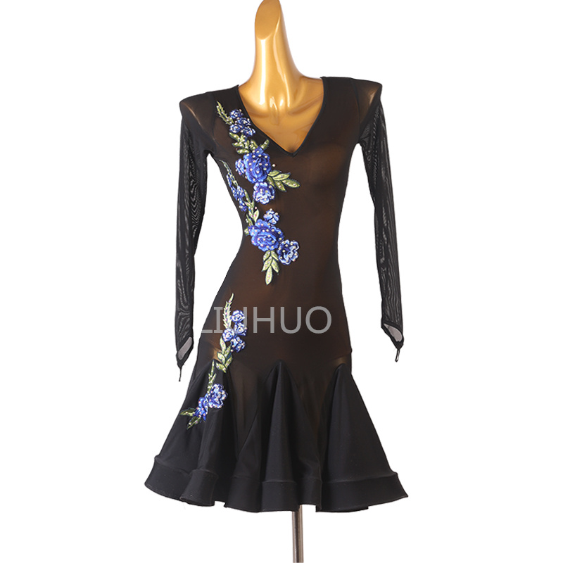 Embroidered blue Flowers Latin dress race dress woman professional performance competition factory custom black Side slit hemline 