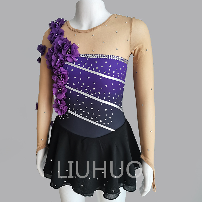 LIUHUO Figure Skating Dress for Teens Girls Women Competitions Leotards Gymnastic Dance Costumes purple flower