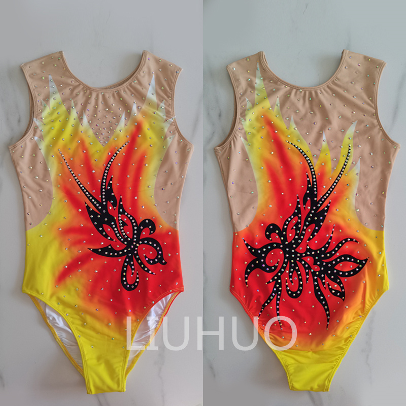 LIUHUO Handmade Synchronized Swimming Suits Women's Girls Training Competitive Sleeveless Leotards Yellow Color Leotard