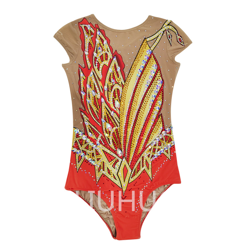 LIUHUO Synchronized Swimming Swimsuit Competition Performance Red Print Full Diamond Girl