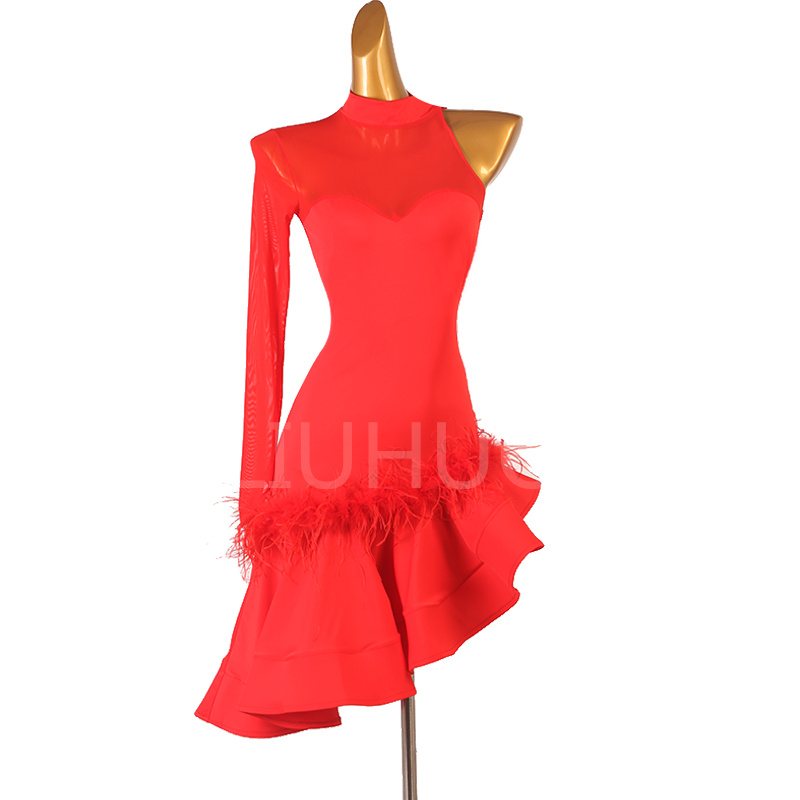 Ladies'Latin Tango Salsa ChaCha Ballroom Dance Swing Rumba Dress Red Latin dress feather manufacturers custom