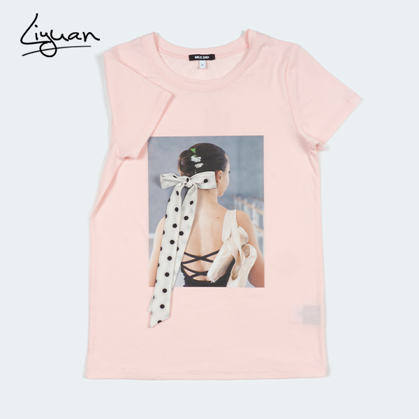 Women Pink T-shirt Bow Ribbon Design Casual Cute Ladies Tee 