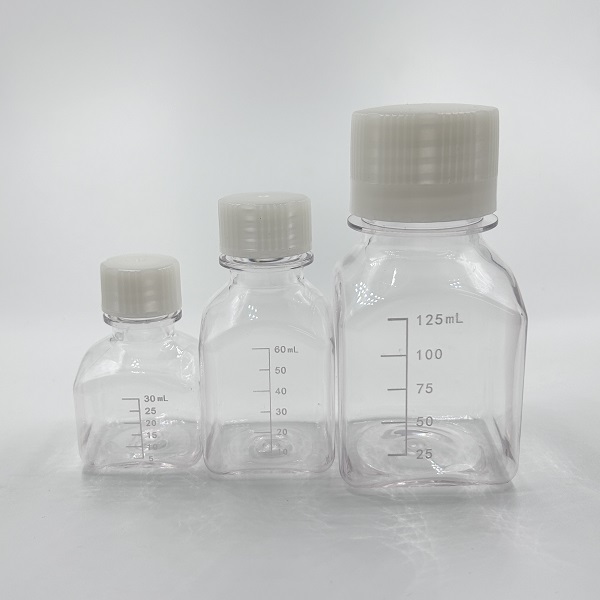  Square PET Media Bottles serum bottle : Sterile, Shrink-Wrapped Trays