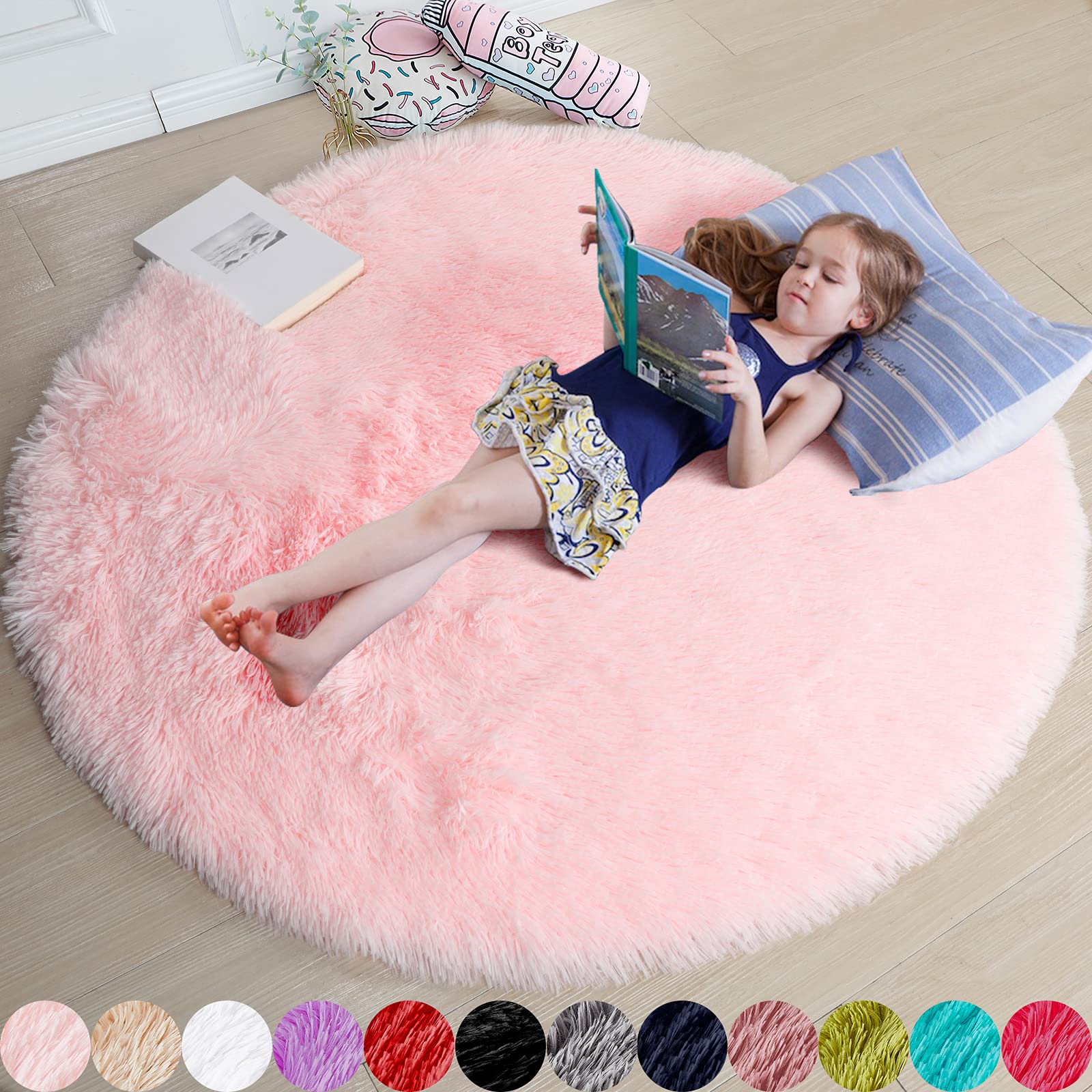 Pink Round Rug for Girls Bedroom Fluffy Circle Furry Carpet Cute Room Decor