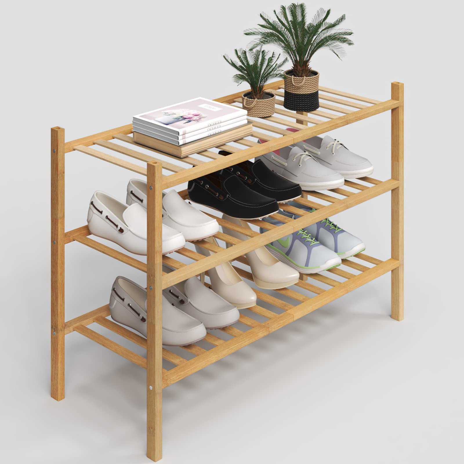 3-Tier Shoe Rack for Closet Stackable Shoe Shelf  Multifunctional Bamboo Organizer