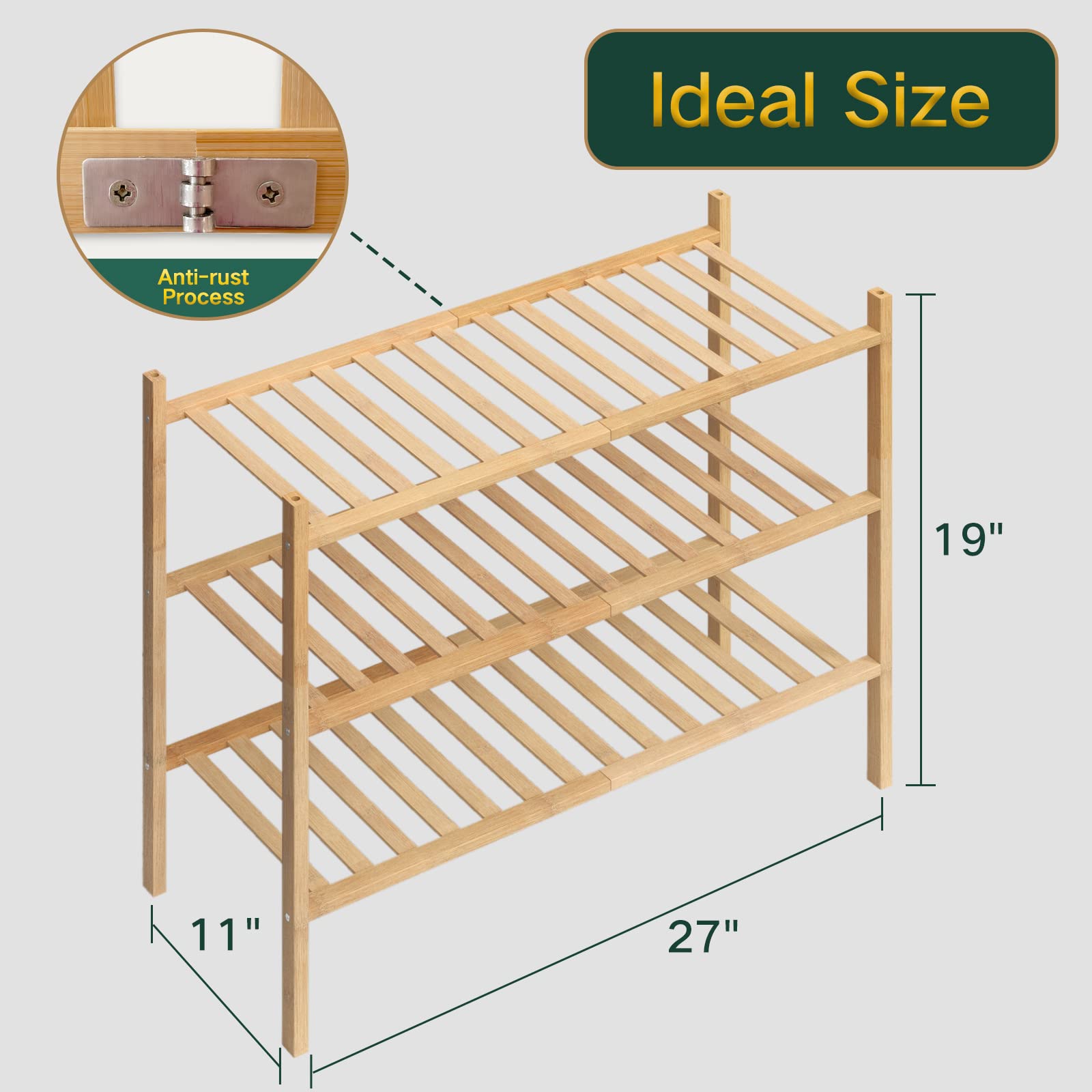 3-Tier Shoe Rack for Closet Stackable Shoe Shelf  Multifunctional Bamboo Organizer