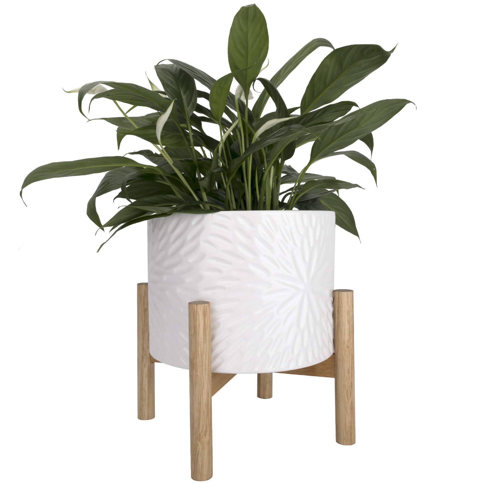 Planter with Stand Ceramic Plant Pot Unique Modern Flower Wood Holder