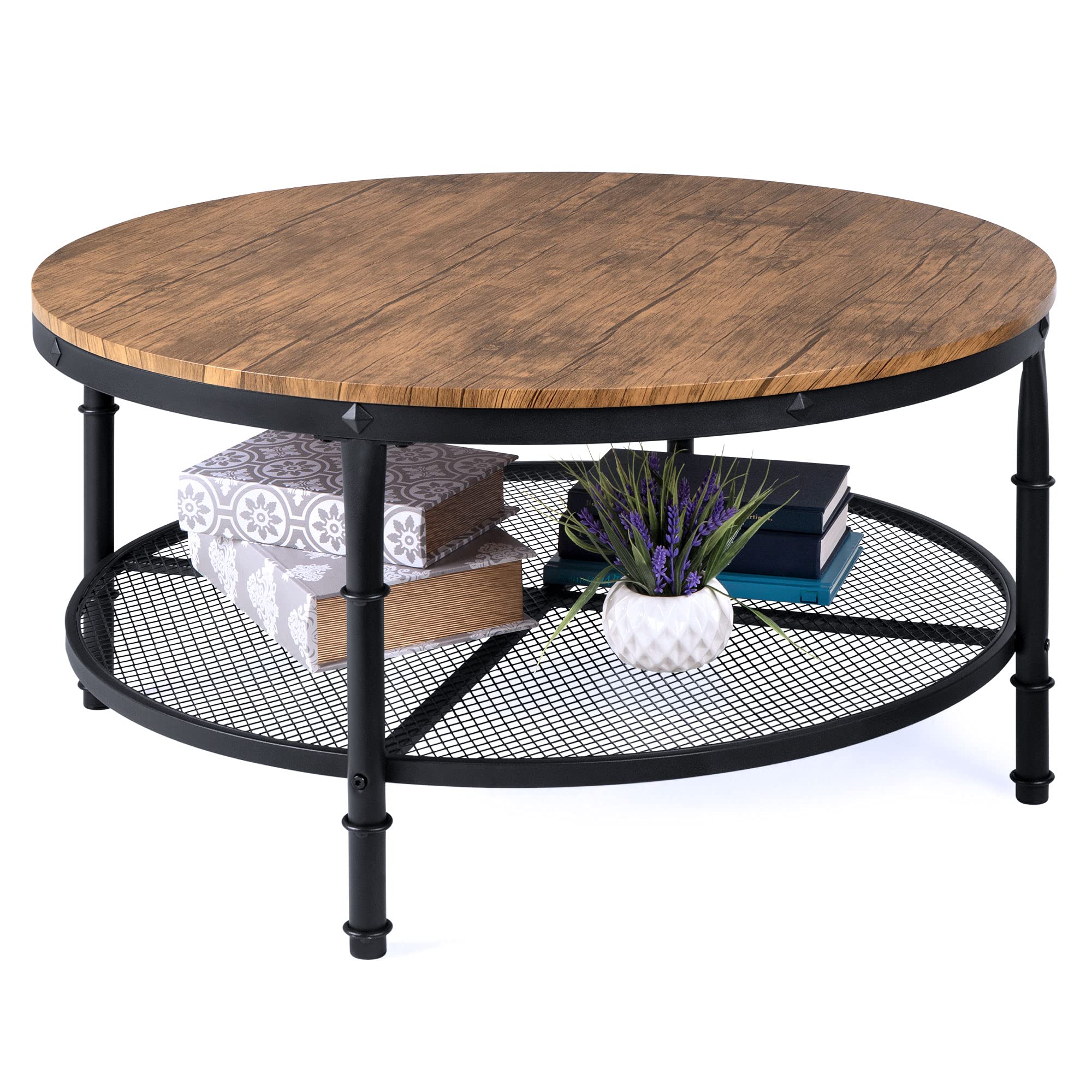  2-Tie Round Industrial Coffee Table Rustic Steel Accent Table Reinforced Crossbars