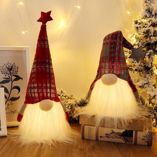  2 Pack Plaid Pattern Christmas Gnome Lights with Timer