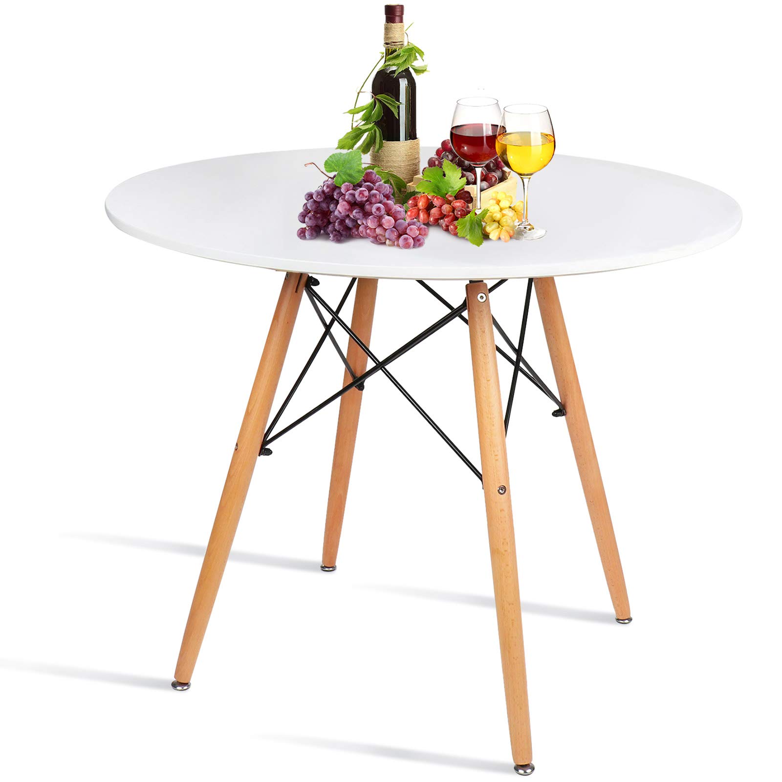 Round White Dining Kitchen Table Modern Leisure Table Wooden Legs for Office