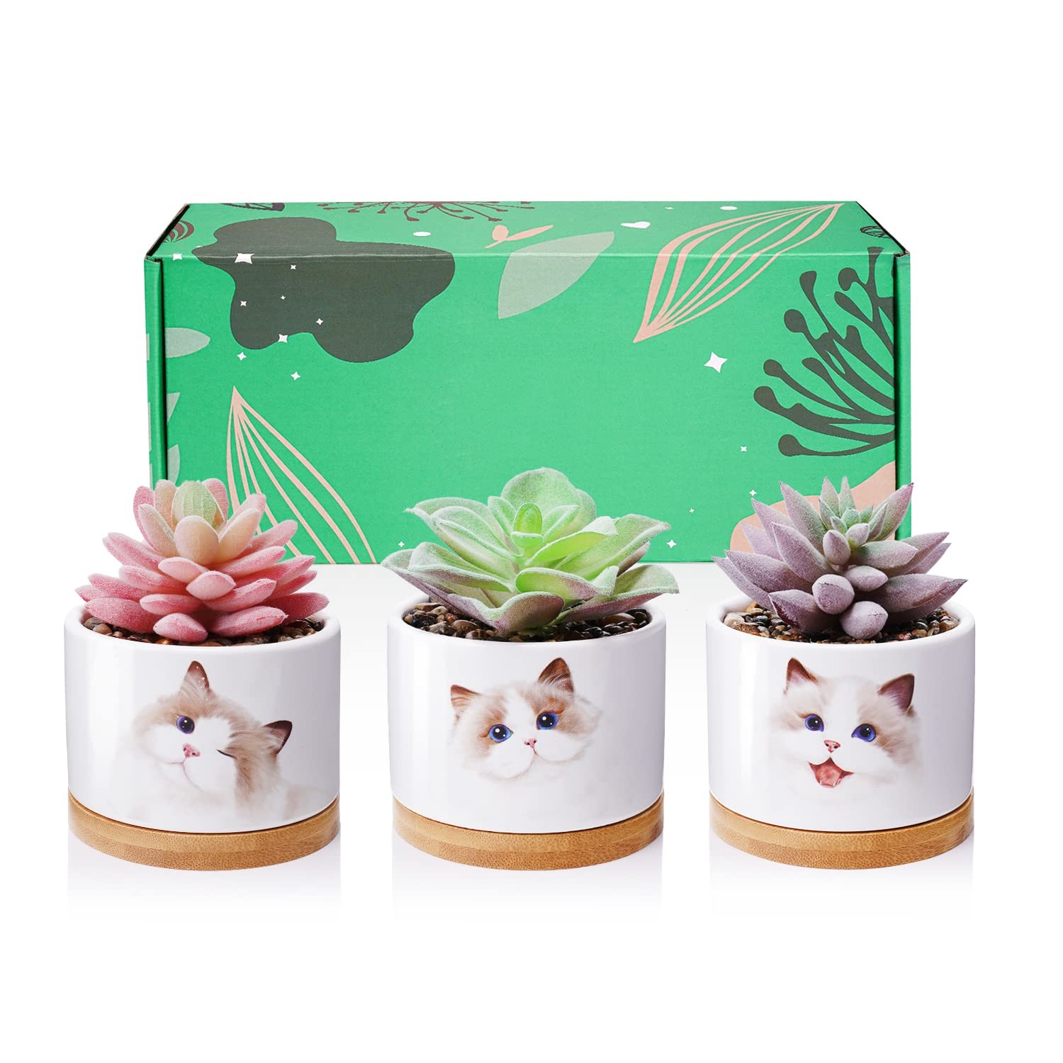 Fake Artificial Succulents  Plant Ceramic Pots Cat Planter Gifts Home Decor