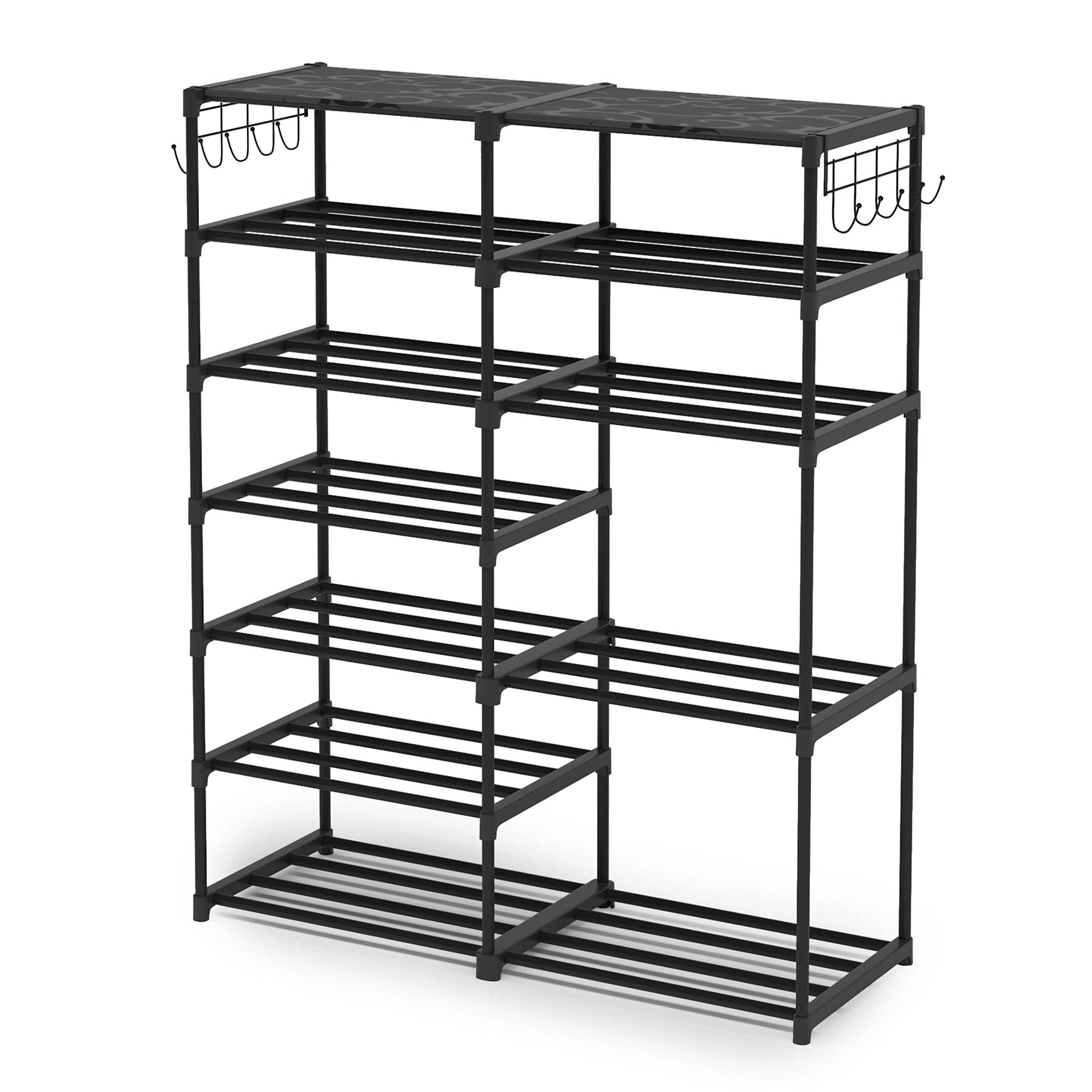7 Tiers Taller Shoe Rack Metal Shelf Storage Organizer with Side Hooks for Entryway