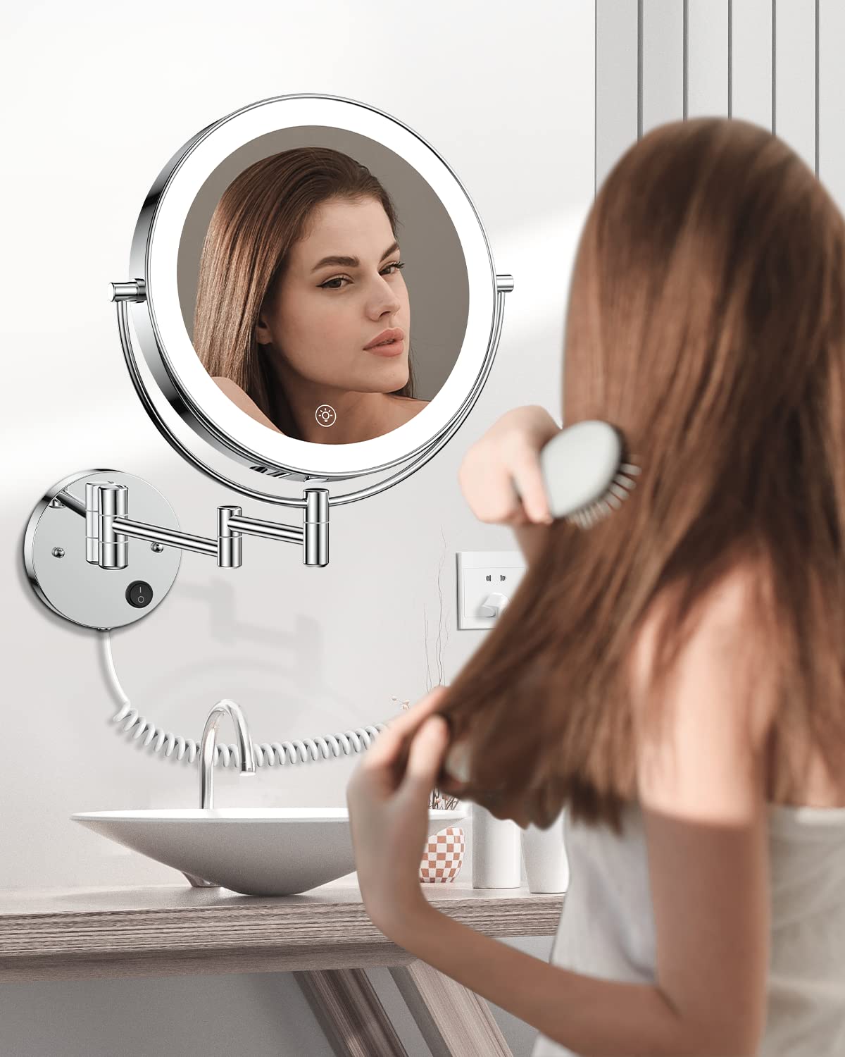 Wall Mounted Lighted Makeup Vanity Mirror Stepless Dimming Magnifying LED Double Sided Decor