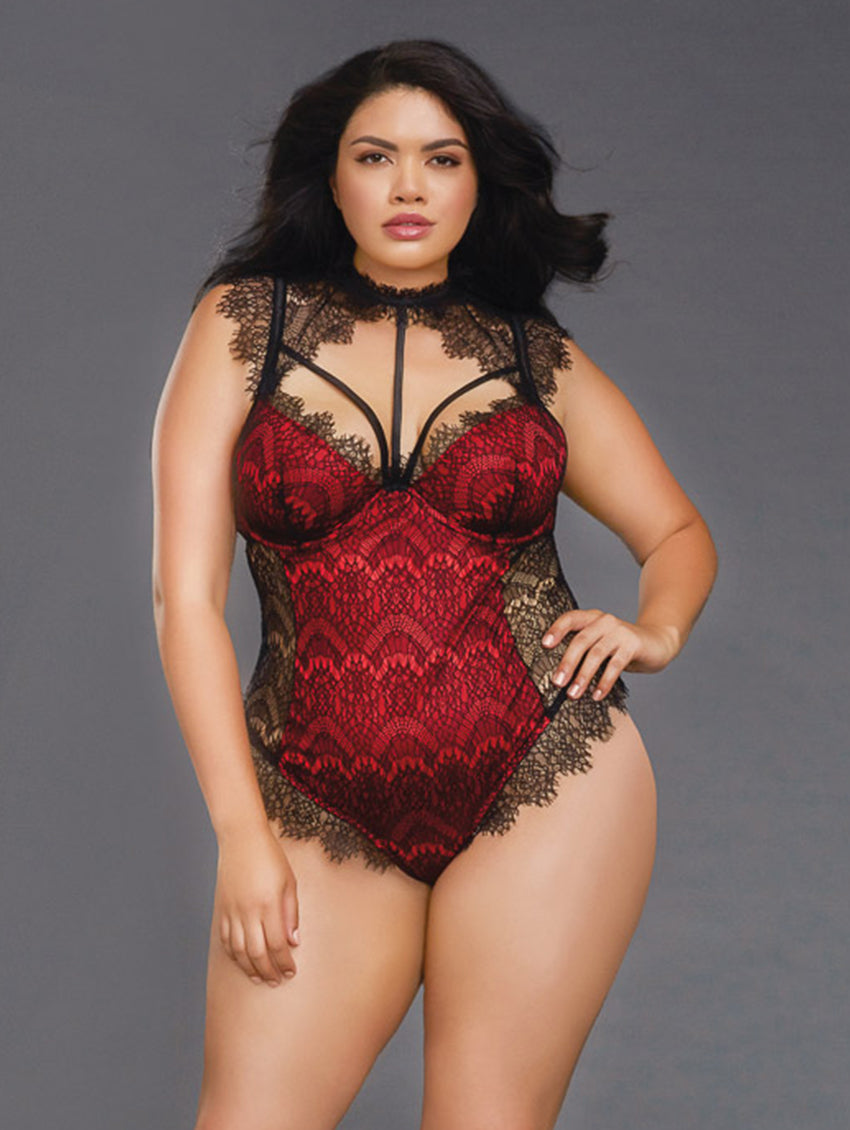 Stunning Eyelash Lace Teddy with Underwire Cups and Strappy Front Detail