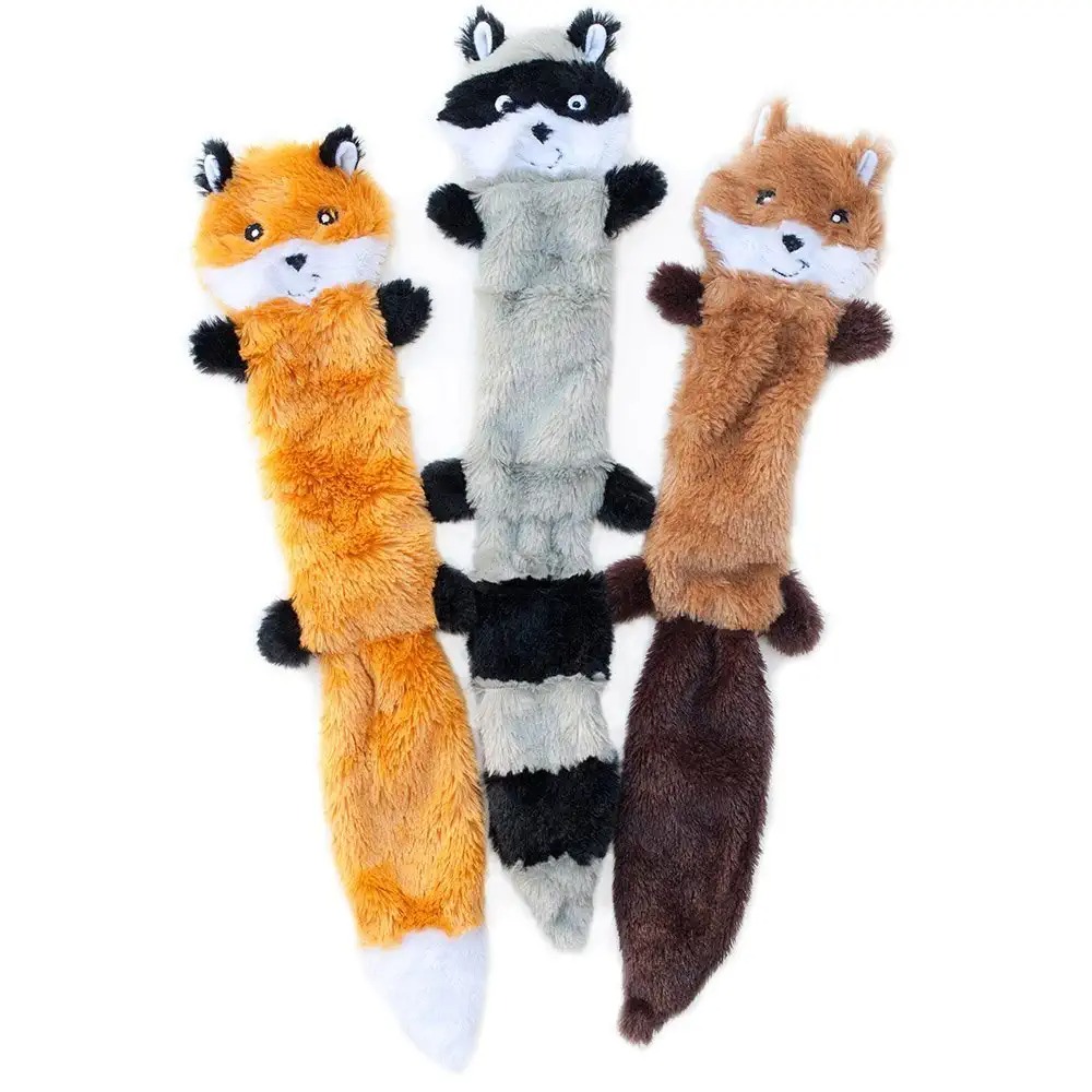 No Stuffing Squeaky Plush Dog Toy, Fox, Raccoon, and Squirrel