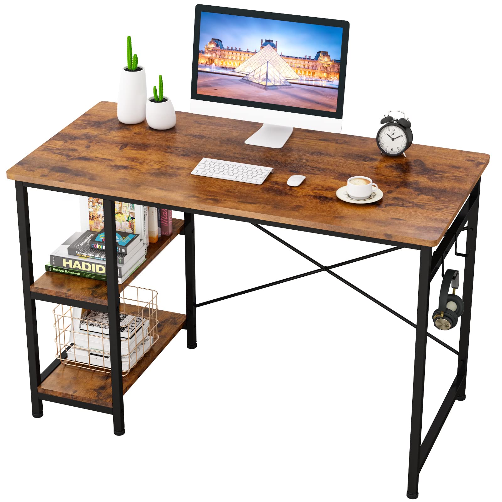 Writing Computer Desk Home Office Study Desk with Storage Shelves Wood Table Metal Frame