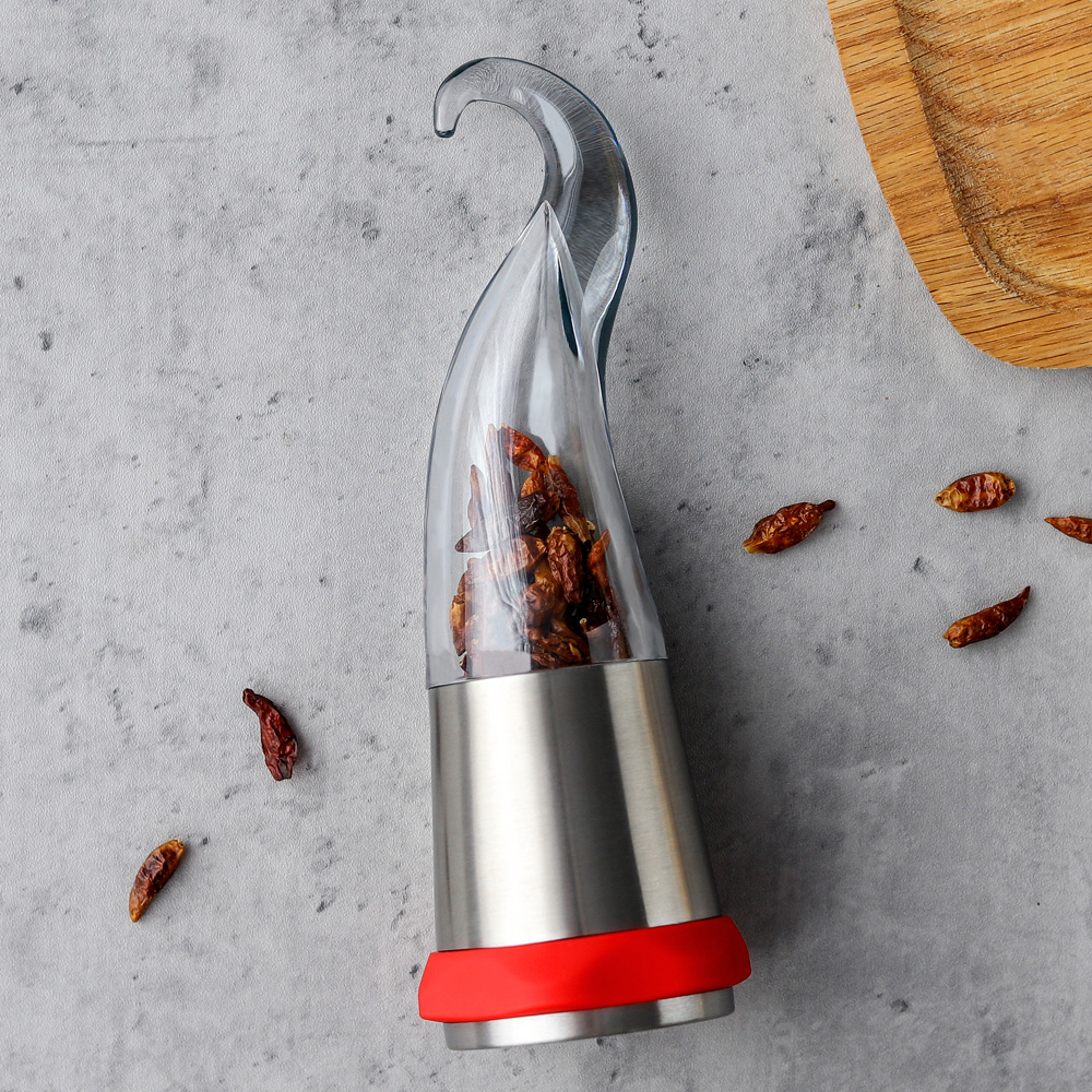 Chili Mill Grinder with Manual Steel Blades, Featuring a Hot Pepper-Shaped Design