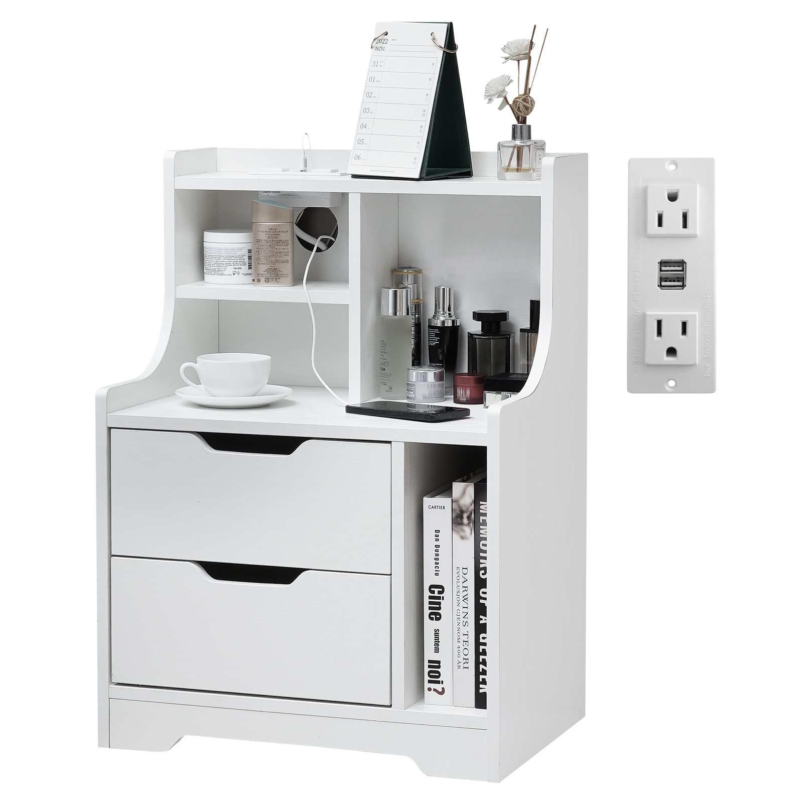 HW1147 Modern NightStand with Charging Station for Bedroom