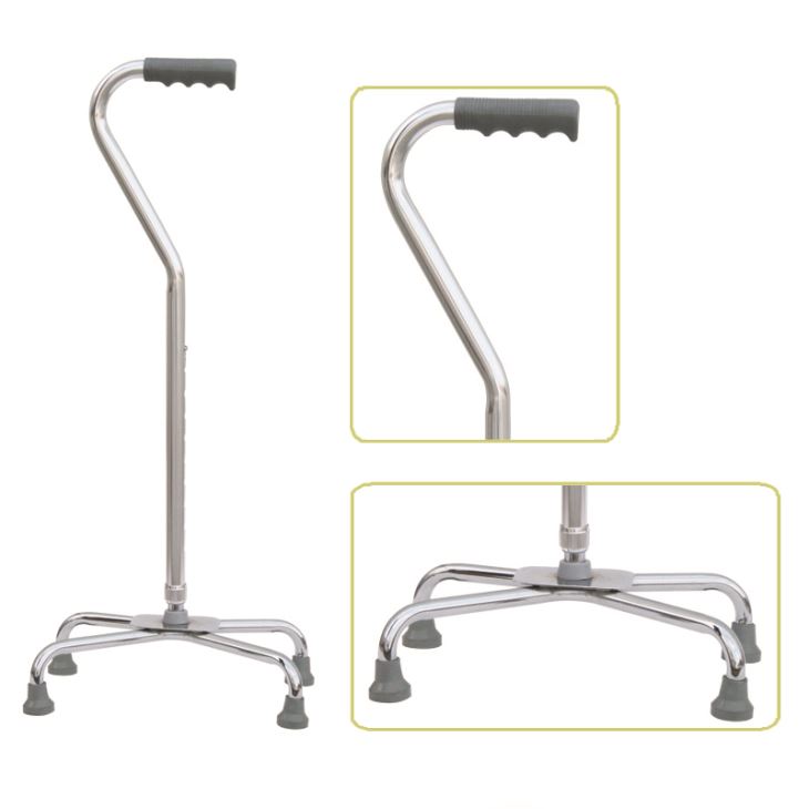 Height Adjustable Aluminum Quad Cane With Large Base & Comfortable Offset Handle, Silver