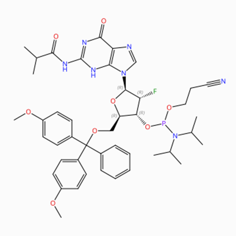 C44H53FN7O8 Guanosine, 5′ -O- [bis(4-methoxyphenyl)phenylmethyl]-2′ -deoxy-2′ - fluoro-N-(2-methyl-1-oxopropyl)-, 3′ - [2-cyanoethyl N,N-bis(1-methyl ethyl)phosphoramidite] (ACI)