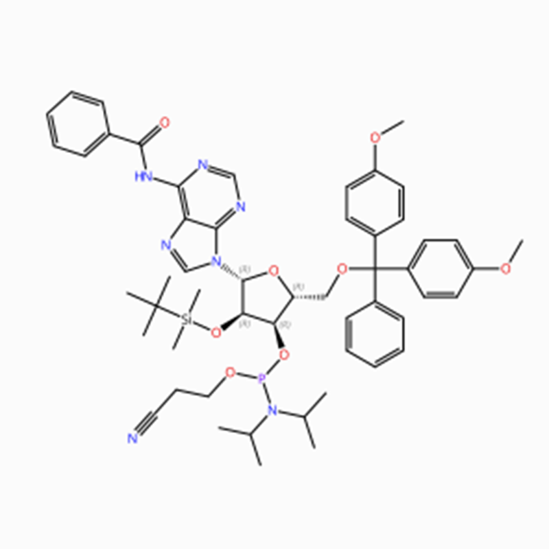 C53H66N7O8PSi CAS NO.: 104992-55-4 Adenosine, N-benzoyl-5′ -O- [bis(4-methoxyphenyl)phenylmethyl]-2′ - O- [(1,1-dimethylethyl)dimethylsilyl]-, 3′ - [2-cyanoethyl N,N-bis(1- methylethyl)phosphoramidite] (ACI)